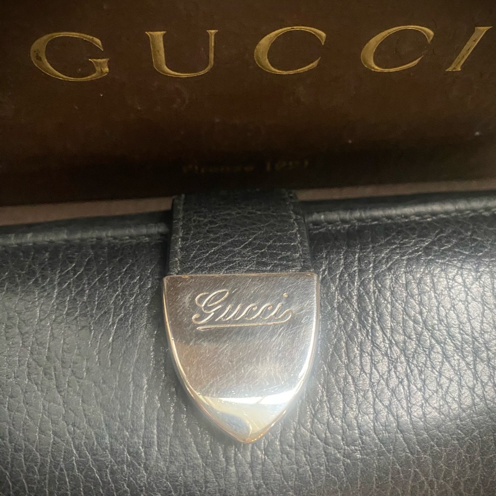 Gucci Black Vintage Leather Long Saffiano Leather Wallet with Silver Hardware